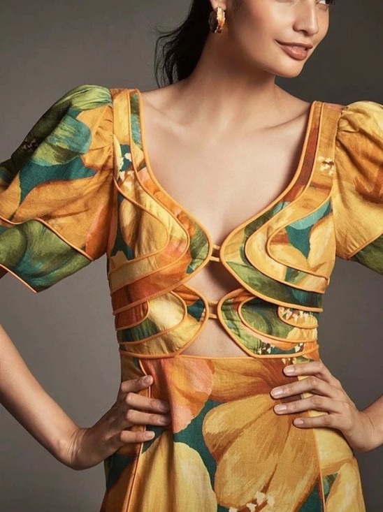 FARM Rio Dresses & Skirts - Farm Rio Printed Linen Blend Cutout Midi Dress (Tropical Cocktail) Orange &